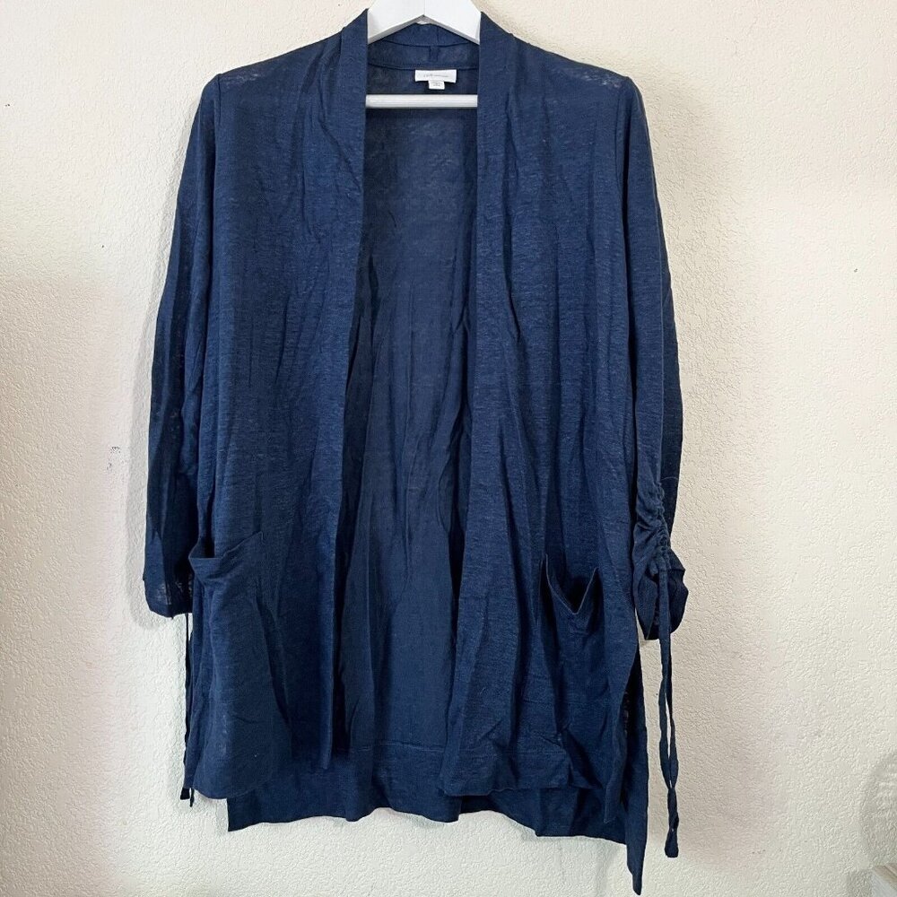 J. Jill Love Linen Womens Open Cardigan Sweater Small Petite Navy Lightweight